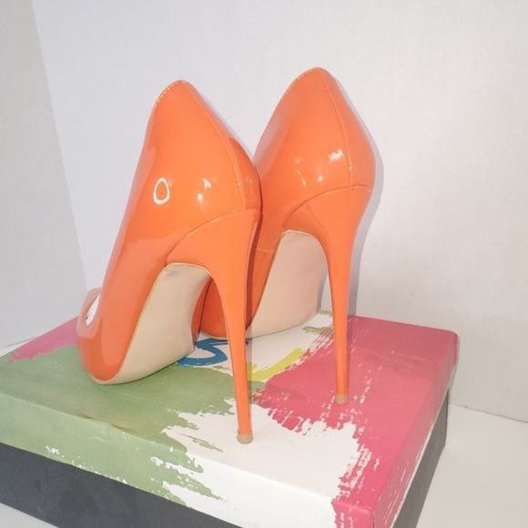 FSJ Orange Patent Leather Pointed Toe Heels Size 9 - Picture 2 of 8